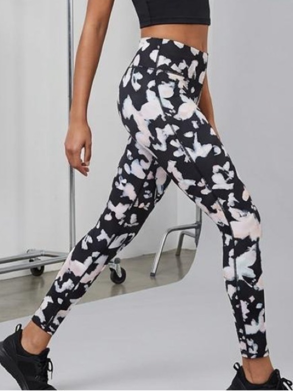 Zella Girl Black Leggings with Pale Pink and White Floral Camo